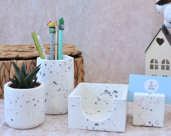 Terrazzo Office Organizer Set of 5 with Pen Holder and Note Cube Holder and  Business Card Holder and Mini Plant Pot and Plant