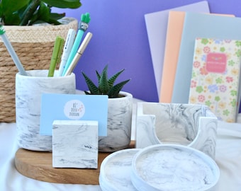 Grey Marble Looking Office Desk Organizer Set of 7 (Pen Holder, Memo Paper Holder, Business Card Holder, Plant Pot, Plant and 2 Coasters)
