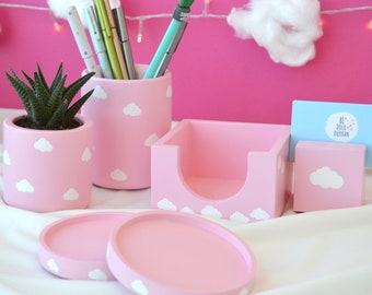Cloud Office Organizer Set of 7 (Pen Holder and Note Cube Holder and Business Card Holder and Plant Pot and Plant and 2 Coasters) -Baby Pink