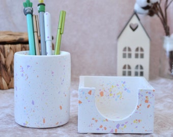 Terrazzo Desk Organiser Set of 2, Concrete Desk Set for Office, Pretty Pencil Cup and Memo Cube Holder