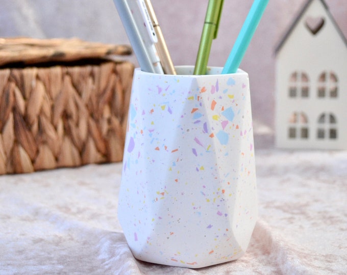 Colorful Terrazzo Concrete Pen Pencil Holder for Desk, Concrete Organizer Makeup Brush Holder, Desk Decor New Job Gift for Her