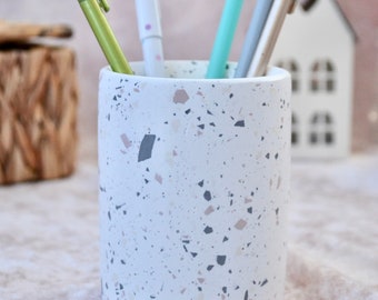 Terrazzo Round Pot Toothbrush Cup, Cute Pen Holder for Desk Decor for Women, Minimalist Desk Decor for Office