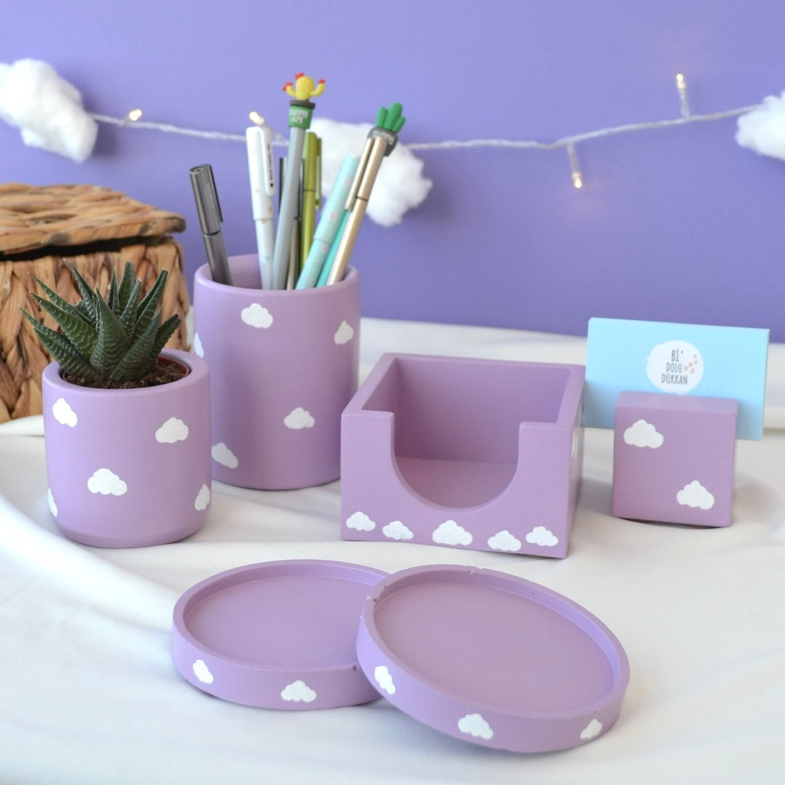 Cloud Office Organizer Set of 7 (Pen Holder and Note Cube Holder and Business Card Holder and Plant Pot and Plant and 2 Coasters) - Lilac