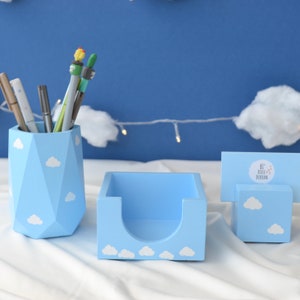 Cloud Office Organizer Set van 3 met pennenhouder, notitiekubushouder en visitekaartjeshouder voor bureau, unieke kantoorgeschenken
