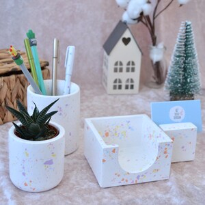 Office Organizer Set van 5 met pennenhouder en notitiekubushouder en visitekaartjeshouder voor bureau en mini-plantenpot en plant met terrazzo