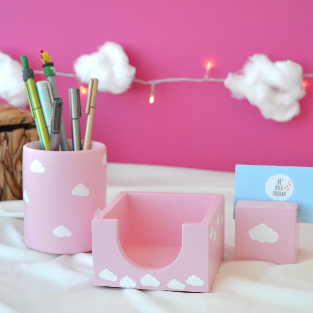 Cloud Pink Office Organizer Set of 3 With Pen Holder and Note Cube Holder and Business Card ...