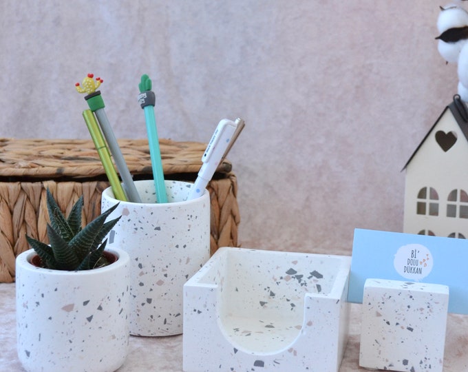 Terrazzo Office Organizer Set of 5 with Pen Holder and Note Cube Holder and Business Card Holder and Mini Plant Pot and Plant