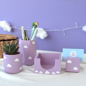 Cloud Office Organizer Set van 5 (pennenhouder en notitiekubushouder en visitekaartjeshouder en plantenpot en plant) - Lila