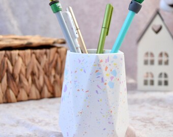 Terrazzo Cute Desk Organizer Set of 3 for Office, Terrazzo Pen Holder and Card Holder and Coaster