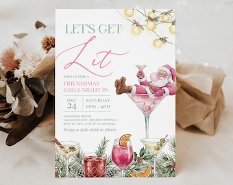 Let's Get Lit - Pink Christmas Girls Night Invite, Holiday Cocktail Party Invitation, Santa Martini Friendsmas Party, Editable Template