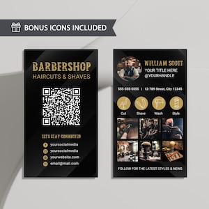 Plantilla de tarjeta de presentación de barbería de Instagram, diseño de tarjeta de presentación de barbería negra editable, tarjeta de presentación de peluquero con código QR digital, Corjl