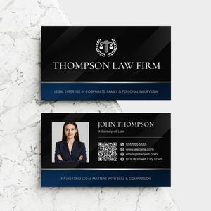 Modelo de cartão de visita de código QR de advogado profissional editável, cartão de visita moderno faça você mesmo para escritório de advocacia com foto, cartão de visita de advogado frente e verso