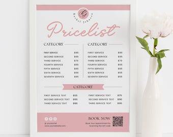 Lista de precios de salones minimalistas, precios de belleza moderna, precios de peluquería, menú de salón de uñas, tabla de precios de servicios de spa, plantilla editable DIY