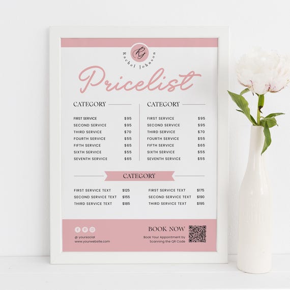 Minimalist Salon Price List, Modern Beauty Price Sheet, Hair Pricelist, Nail Salon Menu, Spa Service Pricing Chart, DIY Editable Template