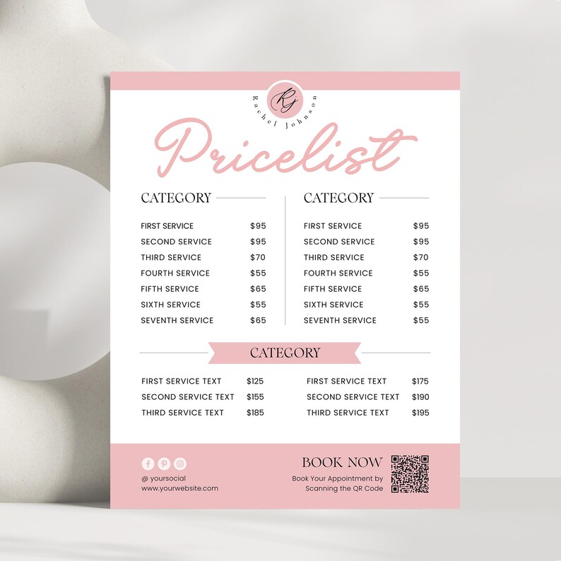 Modern pricelist template for beauty services! Create a sleek salon price list for nails, hair, lashes, or wigs. DIY small business sign with instant download and easy customization options.
