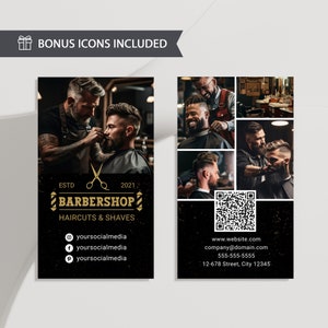 Black Barbershop Business Card with Photo, Barber QR Code Business Card, Hair Salon Calling Card, Editable Template, Digital Download