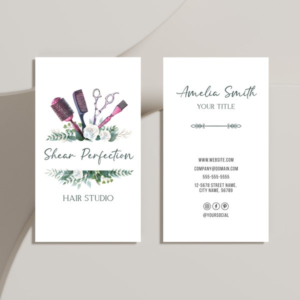 Custom Floral Hair Stylist Business Card Template, Boho Hair Salon Business Card Design, Editable Hair Beauty Business Card, Corjl Template