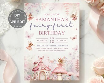 Fairy First Birthday Invitation, Enchanted Forest Birthday Invite, Wildflower Floral 1st Birthday Garden Party, Editable Canva Template
