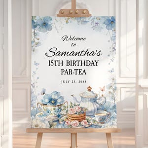 Blue Floral Birthday Tea Party Welcome Sign, Editable Wildflower Birthday Tea Party Welcome Poster, Par-tea Afternoon Tea Party Decor