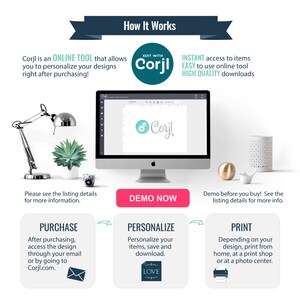 May include: A graphic showing how to use Corjl, an online tool for personalizing designs. The graphic shows a computer screen with the Corjl logo, and three steps: purchase, personalize, and print. The graphic also includes text that says "Edit with Corjl" and "Instant access to items, easy to use online tool, high quality downloads."