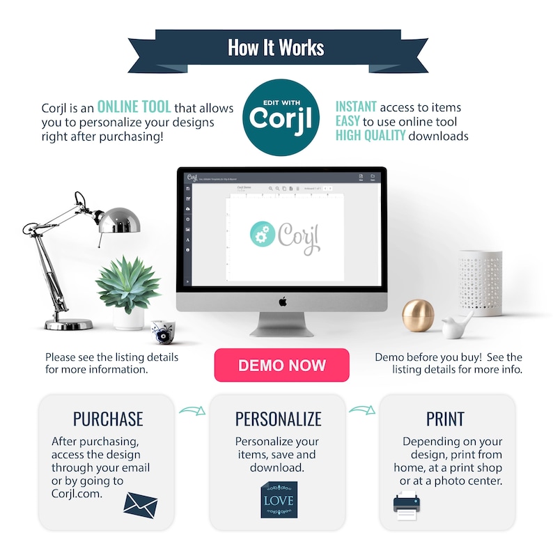 May include: A graphic showing how to use Corjl, an online tool for personalizing designs. The graphic shows a computer screen with the Corjl logo, and three steps: purchase, personalize, and print. The graphic also includes text that says "Edit with Corjl" and "Instant access to items, easy to use online tool, high quality downloads."