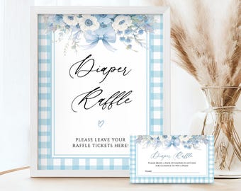 Editable Blue Gingham Diaper Raffle Sign and Card, Floral Baby Shower Raffle Ticket, Rustic Baby-Q Diaper Game, Printable Baby Shower Game