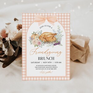 Pastel Friendsgiving Brunch Invitation, Cottagecore Thanksgiving Lunch Invite, Autumn Gingham Let’s Gather Printable, Editable Template