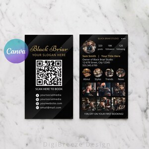 Black Business Card with QR Code, Instagram Business Card for Tattoo Artist, Barber Shop & Auto Detailing, Editable Canva Template