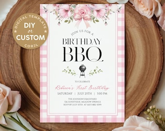 BBQ Birthday Invite, Backyard Birthday Party Invitation, Girl Floral Cookout Party, Grill and Chill Printable, Digital Editable Template
