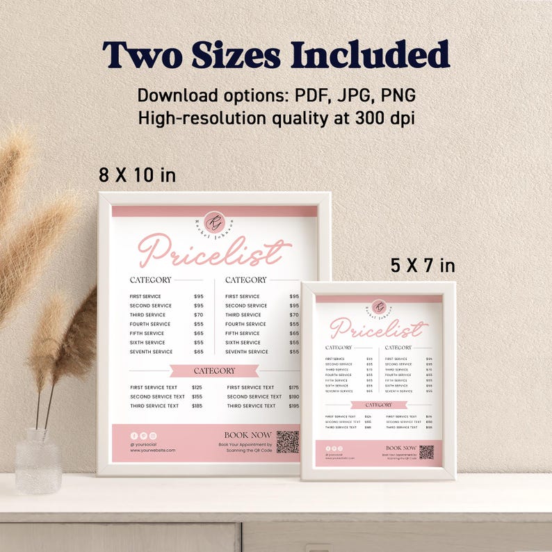 Small business pricing chart with modern style! This DIY beauty pricing sign is perfect for salons offering nail services, hair styling, or lash extensions. Editable template for instant download.