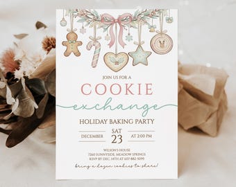 Pode incluir: Um cartão de convite retangular para uma festa de troca de biscoitos. O topo apresenta ilustrações em aquarela de ornamentos pendurados, um boneco de gengibre, uma bengala doce e um coração. O texto diz: JOIN US FOR A COOKIE exchange HOLIDAY BAKING PARTY SAT DECEMBER 23 AT 2:00 PM WILSON'S HOUSE 7260 SUNNYSIDE, MEADOW SPRINGS RSVP BY DEC. 14TH AT 607-882-5099 bring a dozen cookies to share!