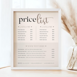 Modelo de lista de preços de salão minimalista editável e design de lista de preços moderno, folha de preços de negócios de cabelo boho, menu de preços de unhas, tabela de preços de beleza