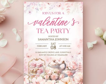 Valentine's Day Tea Party Invitation, Galentines Brunch Invite, Pink Floral Afternoon Tea, Ladies Lunch Par-tea, Editable Template