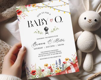Baby Q Invitation, BBQ Baby Shower Invite, Wildflower Sprinkle Party,  Backyard Baby Shower Printable, Editable Template, Digital Download