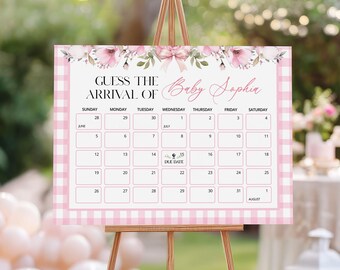 BBQ Baby Shower Due Date Calendar Game, Baby Q Guess Baby's Birth Date Poster, Pink Gingham Baby Arrival Sign, Editable Template, PBQ