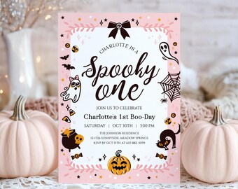 Pink Halloween 1st Birthday Invitation, Girl Spooky One Party Invite, Cute Ghost First Boo Day, Editable Template, Digital Download