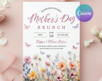 Wildflower Mother's Day Brunch Invitation, Floral Tea Party Invite, Mothers Day Lunch, Mom Brunch Invitation, Editable Canva Template, MO1