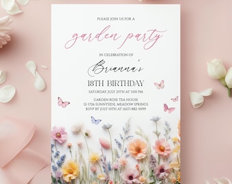 Wildflower Birthday Invitation, Garden Party Invite, Girl 18th Birthday, Floral Brunch Party Printable, Editable Template, Digital Download