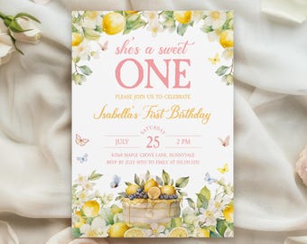 Lemon First Birthday Invitation, Sweet One Invite, Citrus Tea Party Brunch, Girl Lemonade Birthday Par-Tea Printable, Editable Template