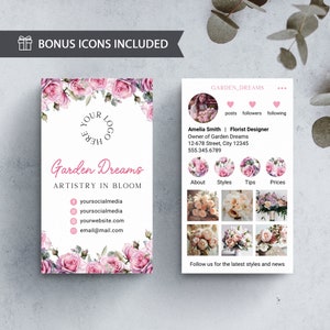 Instagram roze roos bloemen visitekaartje voor bloemist, aquarel bloem visitekaartje voor bloemenwinkel, DIY schoonheidssalon IG-visitekaartje