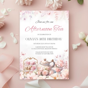 Bearbeitbare rosa Blumen Nachmittagstee Geburtstagseinladungsvorlage, DIY Schmetterling High Tea Party einladen, Boho Par-tea Time Gartenparty einladen