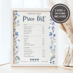 Bewerkbare boho bloemen prijslijst- en prijstabelsjabloon voor kleine bedrijven, afdrukbare moderne wilde bloemen schoonheidssalon prijsmenubord