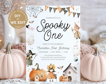 Spooky One Invitation, Halloween 1st Birthday Invite, First Boo Day Party Printable, Cute Ghost Birthday Party, Editable Template, Corjl