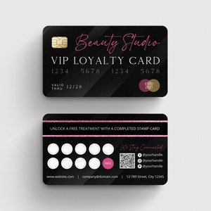 Modelo de carimbo de cartão de fidelidade preto e rosa, cartão de recompensas VIP editável, cartão de desconto para salão de beleza Nail Lash Spa, cartão de visita estilo cartão de crédito