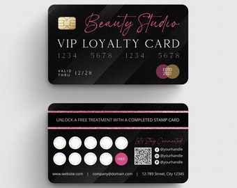 Black & Pink Loyalty Card Stamp Template, Editable VIP Rewards Card, Discount Card for Nail Lash Spa Salon, Credit Card Style Business Card