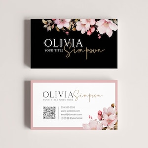 Carte de visite florale aquarelle avec code QR pour salon de beauté et petite entreprise, carte de visite fleur rose esthéticienne, carte de visite fleuriste