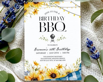 May include: A birthday BBQ invitation with a floral and gingham design. The invitation features sunflowers, blue flowers, and the text "Join us for a Birthday BBQ" with event details. The invitation is for Brianca's 30th birthday.