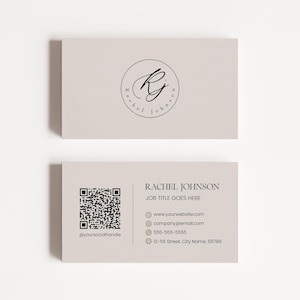 Modèle de carte de visite modifiable avec code QR minimaliste, carte de visite élégante, carte de visite recto-verso moderne, carte de visite simple à faire soi-même, Corjl