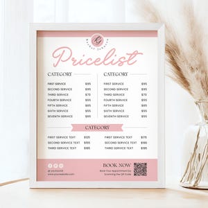 Create a professional salon look with this beauty pricing sign! Customizable and sleek, this modern price sheet is perfect for small businesses. DIY pricing charts for nails, hair, and lash services.
