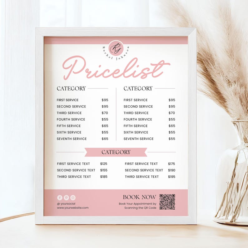 Create a professional salon look with this beauty pricing sign! Customizable and sleek, this modern price sheet is perfect for small businesses. DIY pricing charts for nails, hair, and lash services.